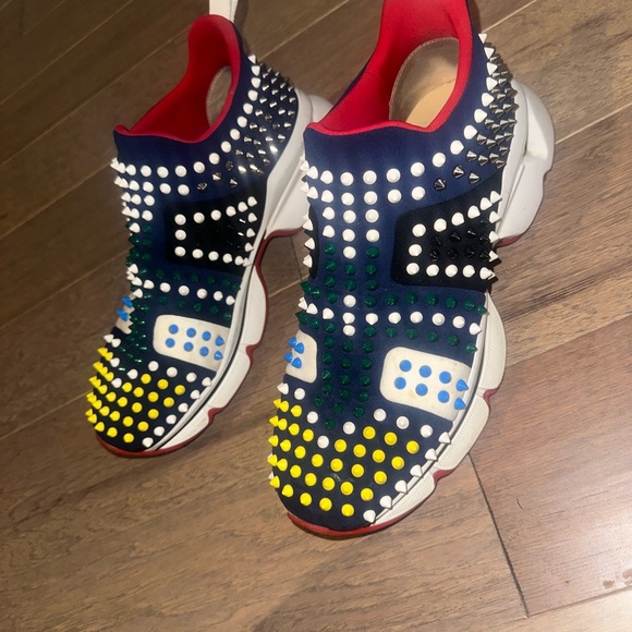 CHRISTIAN LOUBOUTIN Neoprene Mens Funfor Run Flat Sneakers Sz 40 Spikes